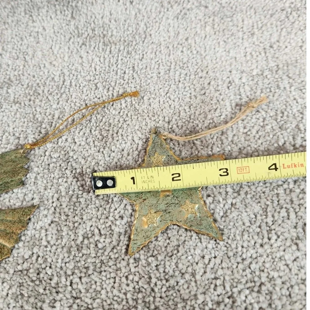 Metal Ornaments Green Gold Bird Star Rustic Verdigris Set of 2